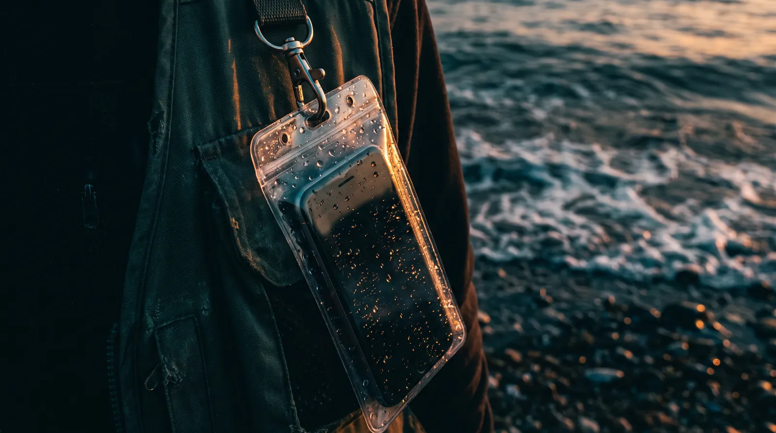 Un téléphone dans une pochette étanche accrochée à la veste d'un pêcheur, au bord d'une plage de galets au coucher du soleil