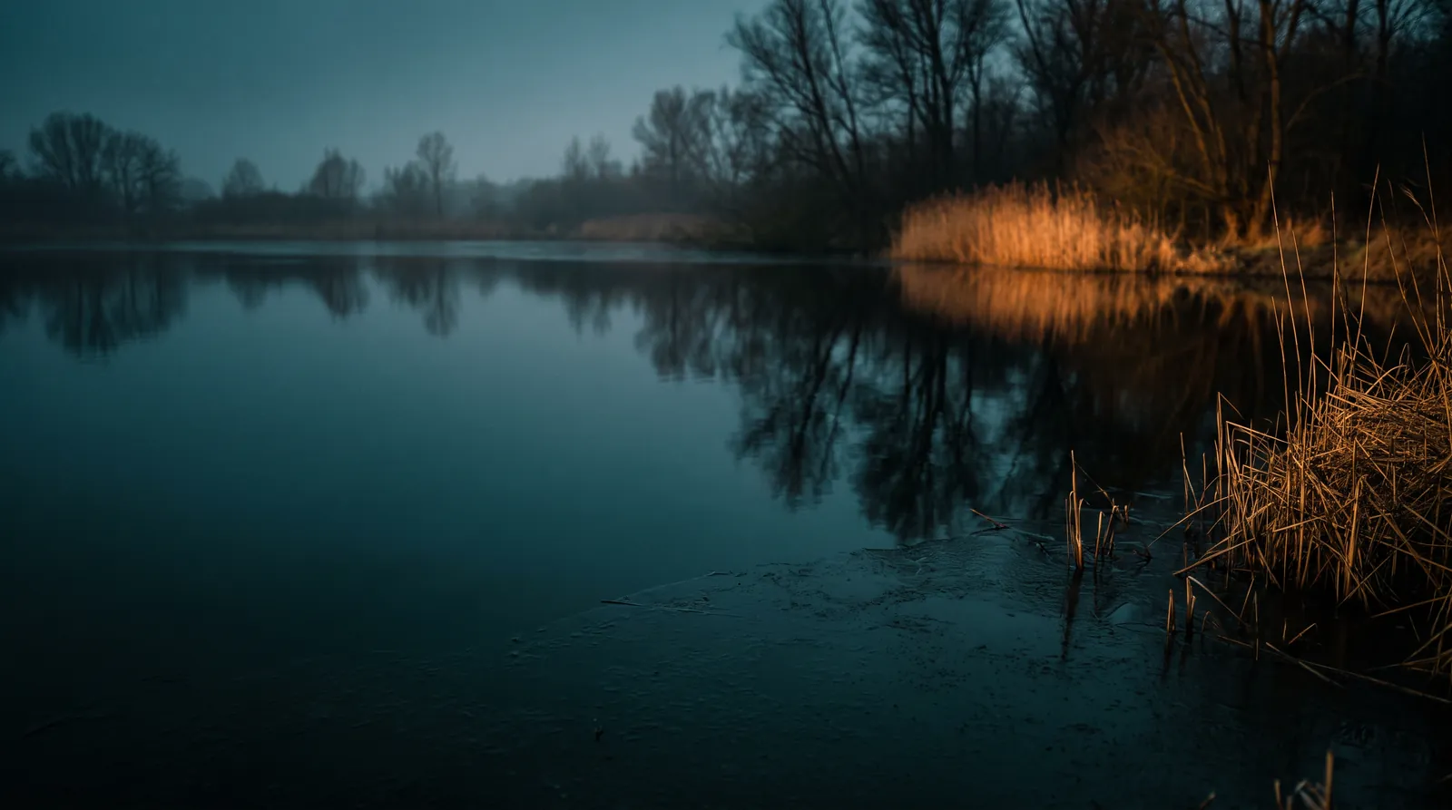 Un étang de plaine au crépuscule fin décembre, roseaux secs et arbres nus sur la rive, une fine pellicule de glace au bord
