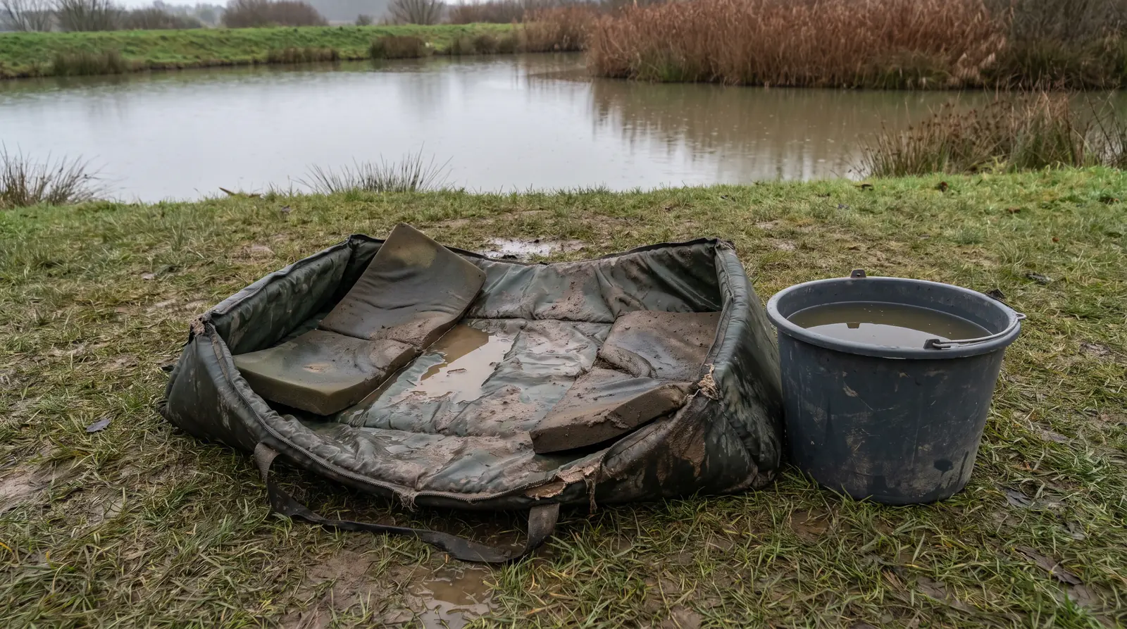 Un tapis de réception matelassé, trempé et vide, posé sur l'herbe écrasée d'une berge d'étang, un seau d'eau à côté, sous un ciel gris.