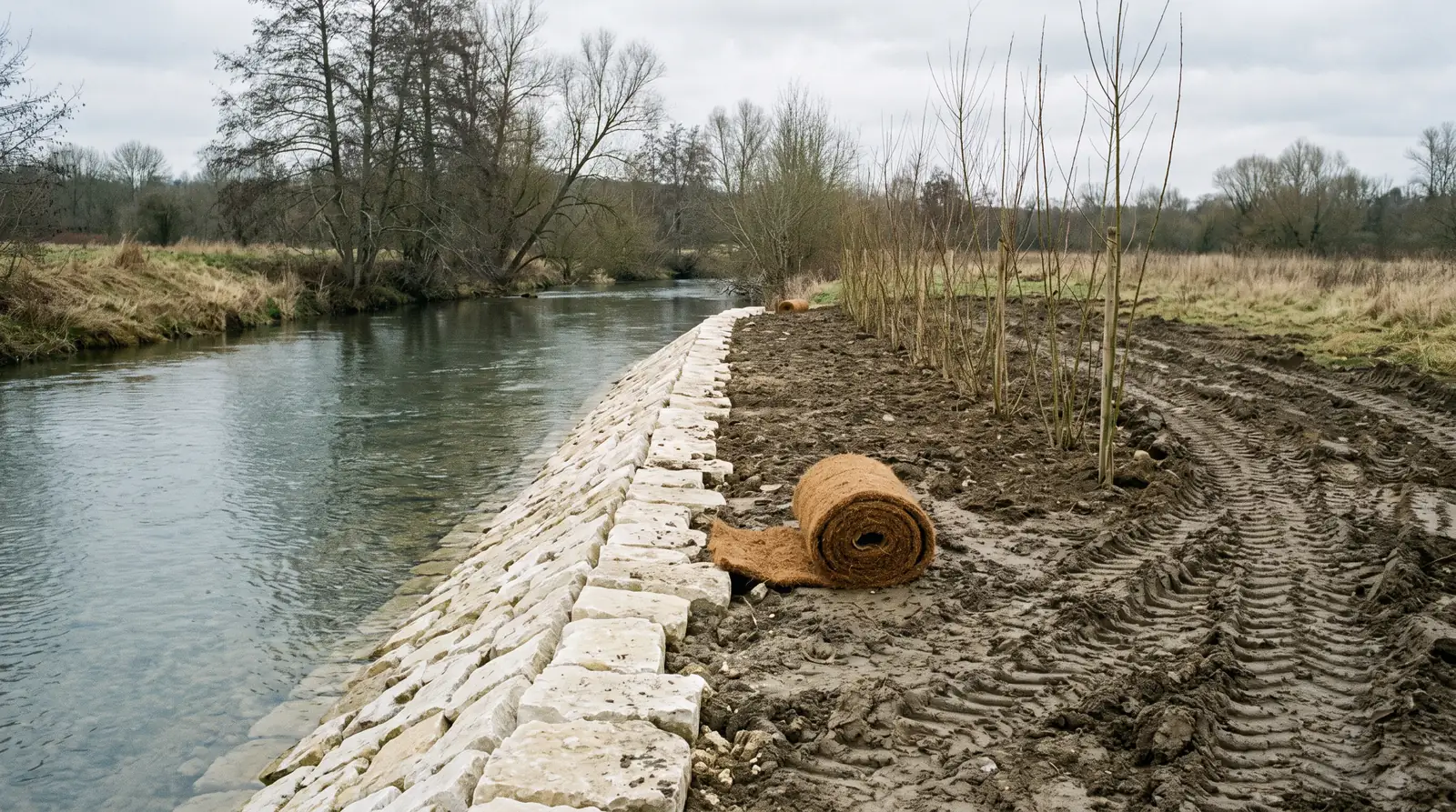 Une berge de rivière fraîchement enrochée, avec un rouleau de natte de coco au sol et des boutures de saule plantées en ligne dans la terre remuée