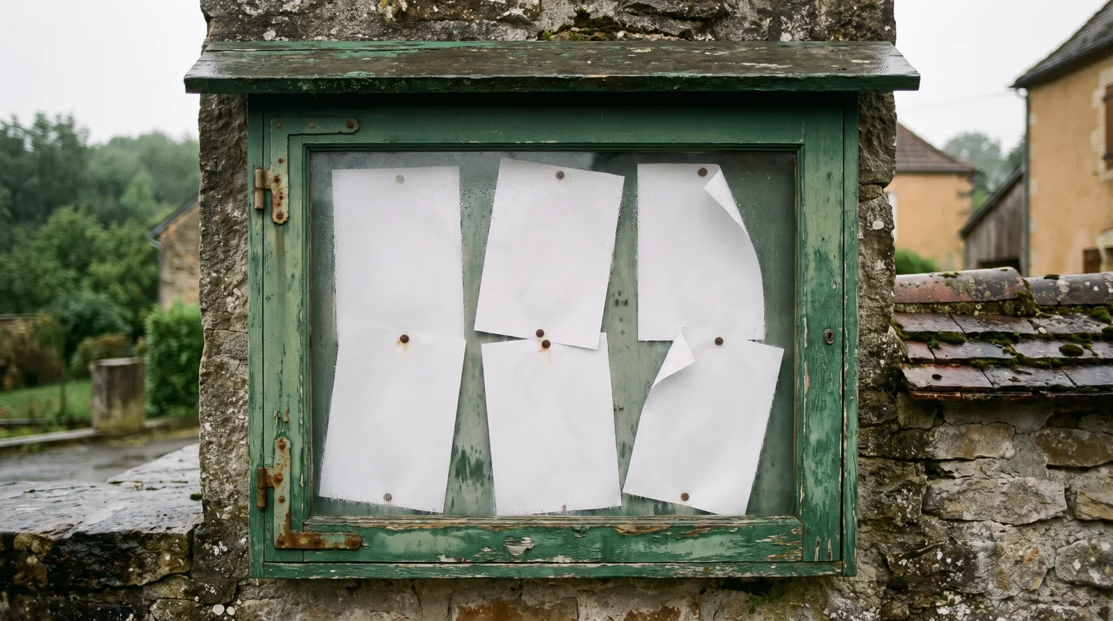 Un panneau d'affichage en bois peint en vert, fixé au mur de pierre d'une mairie de village, avec des feuilles blanches punaisées derrière la vitre
