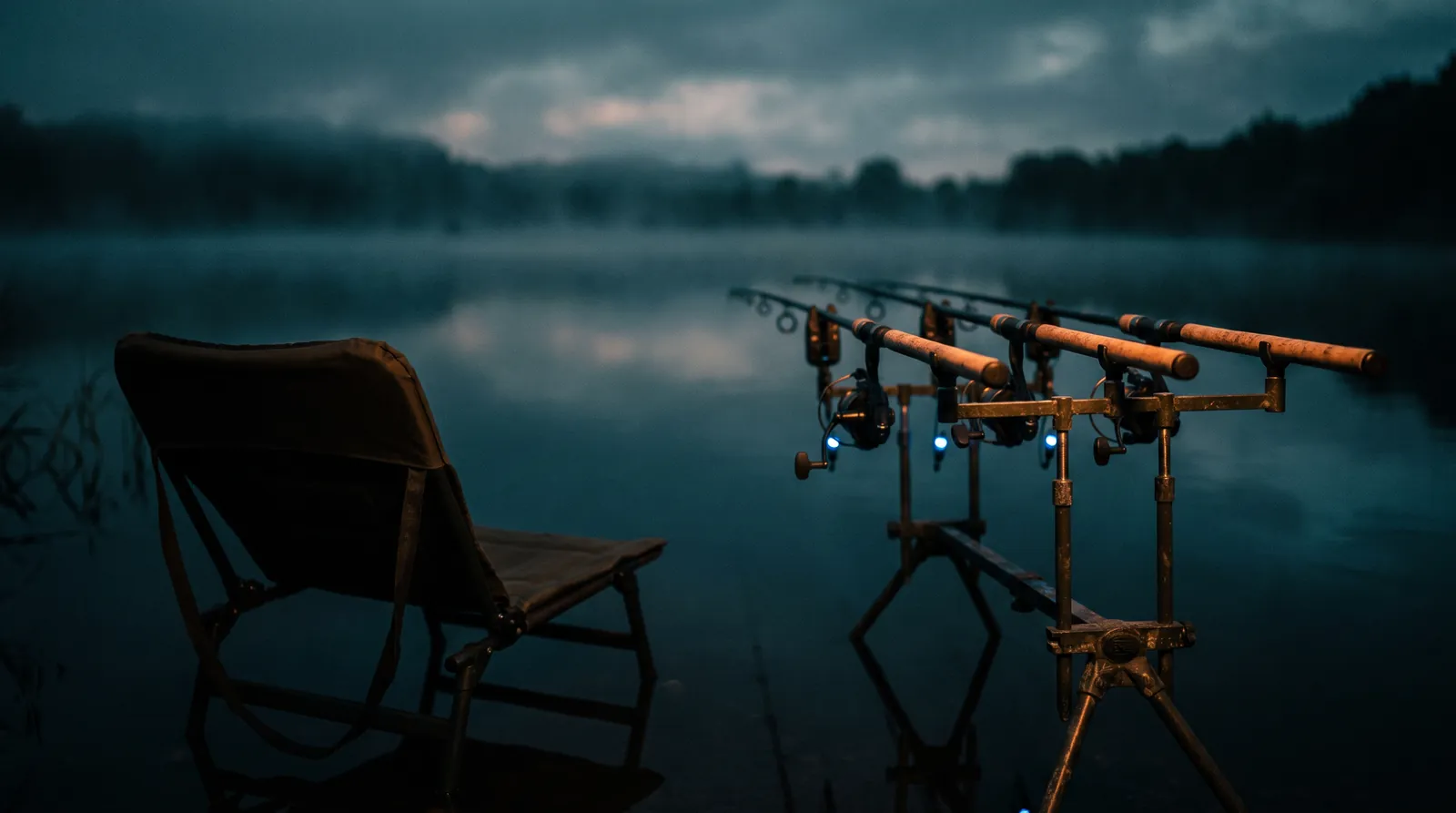 Trois cannes à carpe sur un rod pod au bord d'un lac au crépuscule, des détecteurs de touche allumés en bleu sous les cannes, un fauteuil pliant à côté