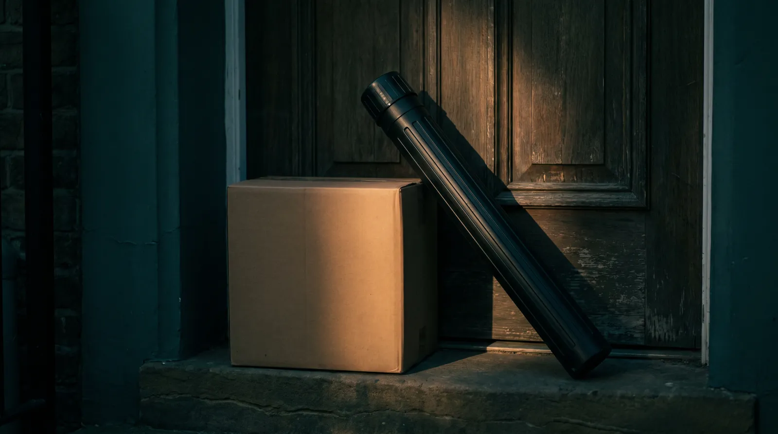 Un carton et un tube de transport pour cannes posés devant une porte d'entrée en bois, dans la lumière du soir