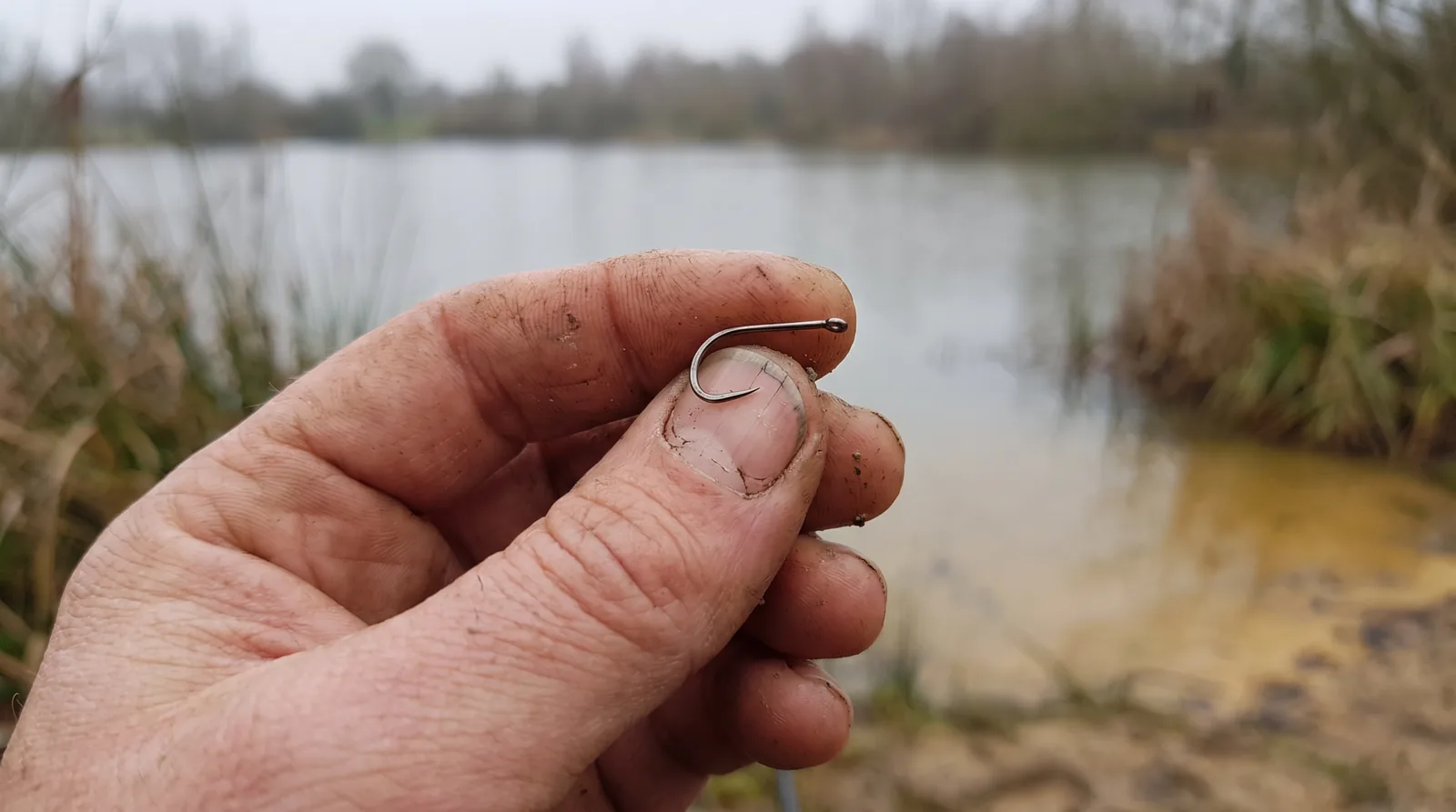 Gros plan sur une main humide qui appuie la pointe nue d'un hameçon à carpe contre l'ongle du pouce, berge grise derrière