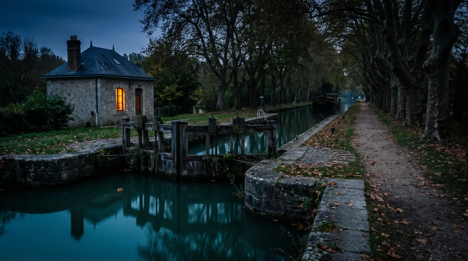 Une écluse ancienne et sa maison éclusière au crépuscule, le long d'un chemin de halage bordé de platanes