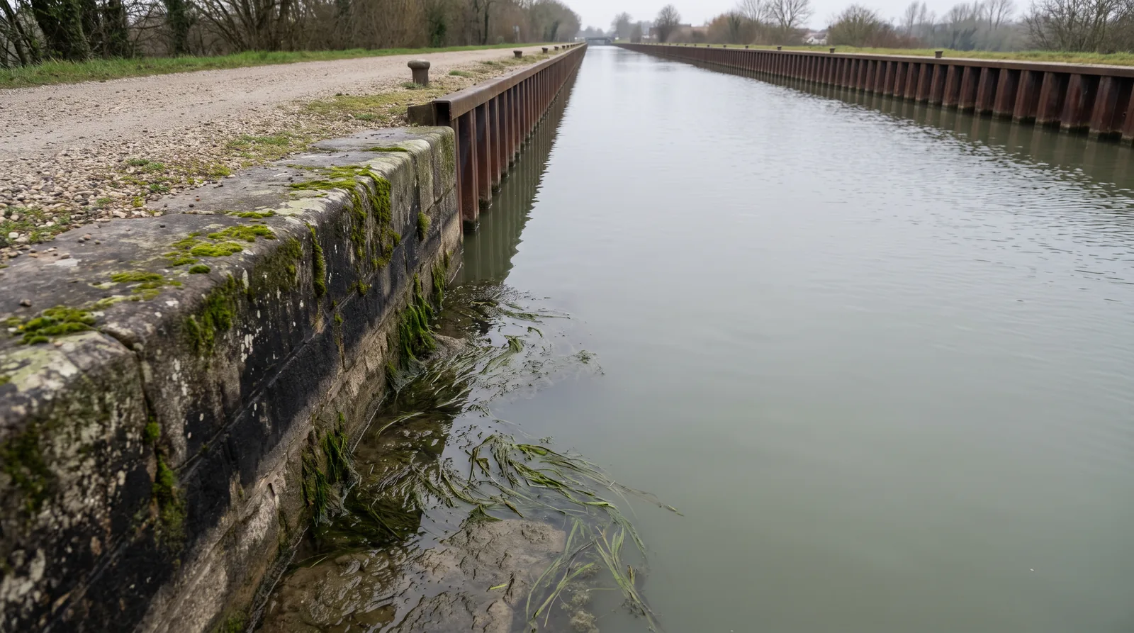 Bande de pierre encore ruisselante, large d'une main, au-dessus du niveau actuel d'un canal : les blocs brillent d'eau et les algues vertes sont rabattues à plat.