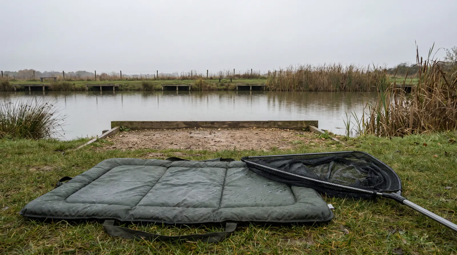 Un tapis de réception mouillé déplié dans l'herbe tondue, une grande épuisette posée à côté, au bord d'un petit étang aux postes régulièrement espacés.