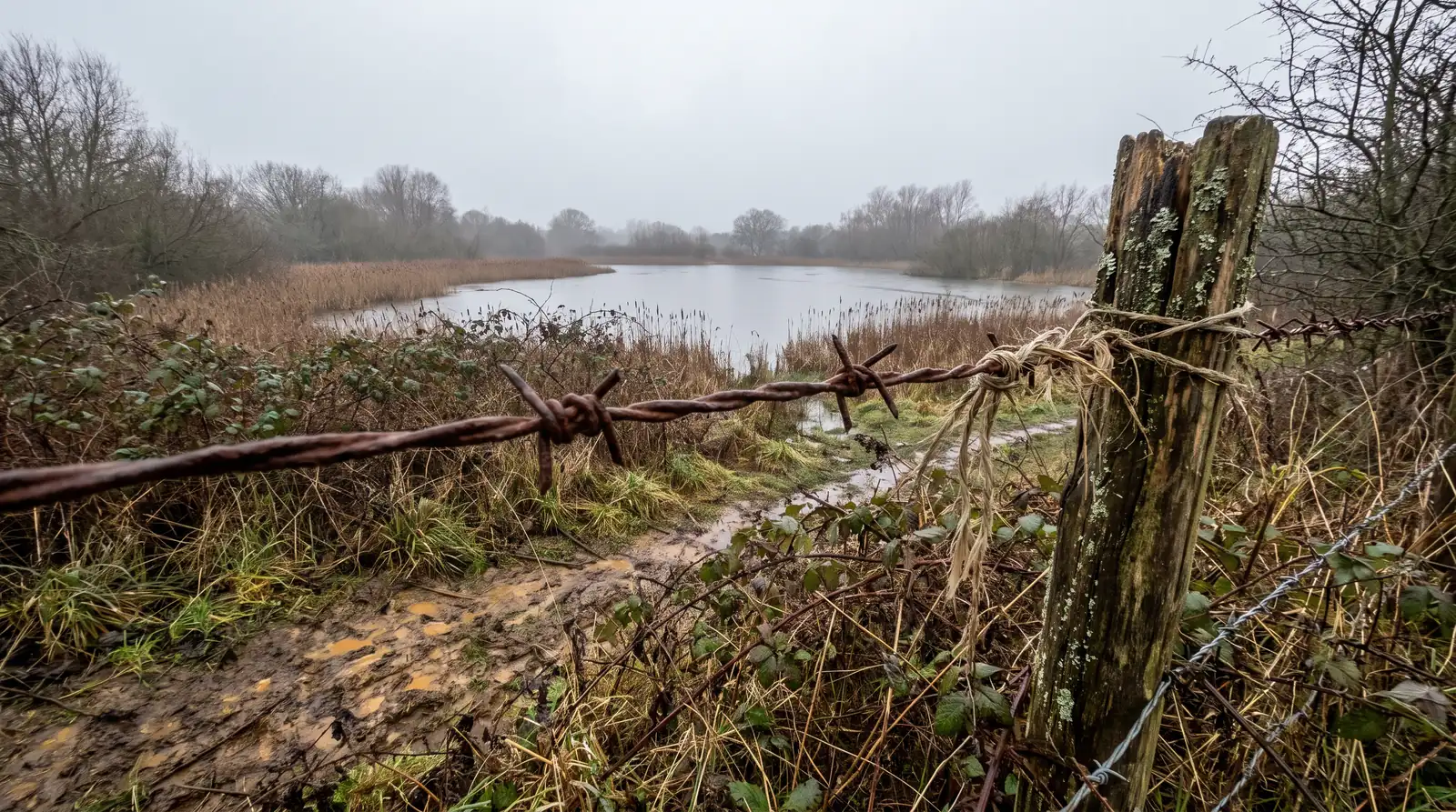 Un barbelé rouillé tendu en travers d'un sentier envahi de ronces, fixé à un piquet de bois nu ; derrière, l'eau grise d'un étang et une roselière.