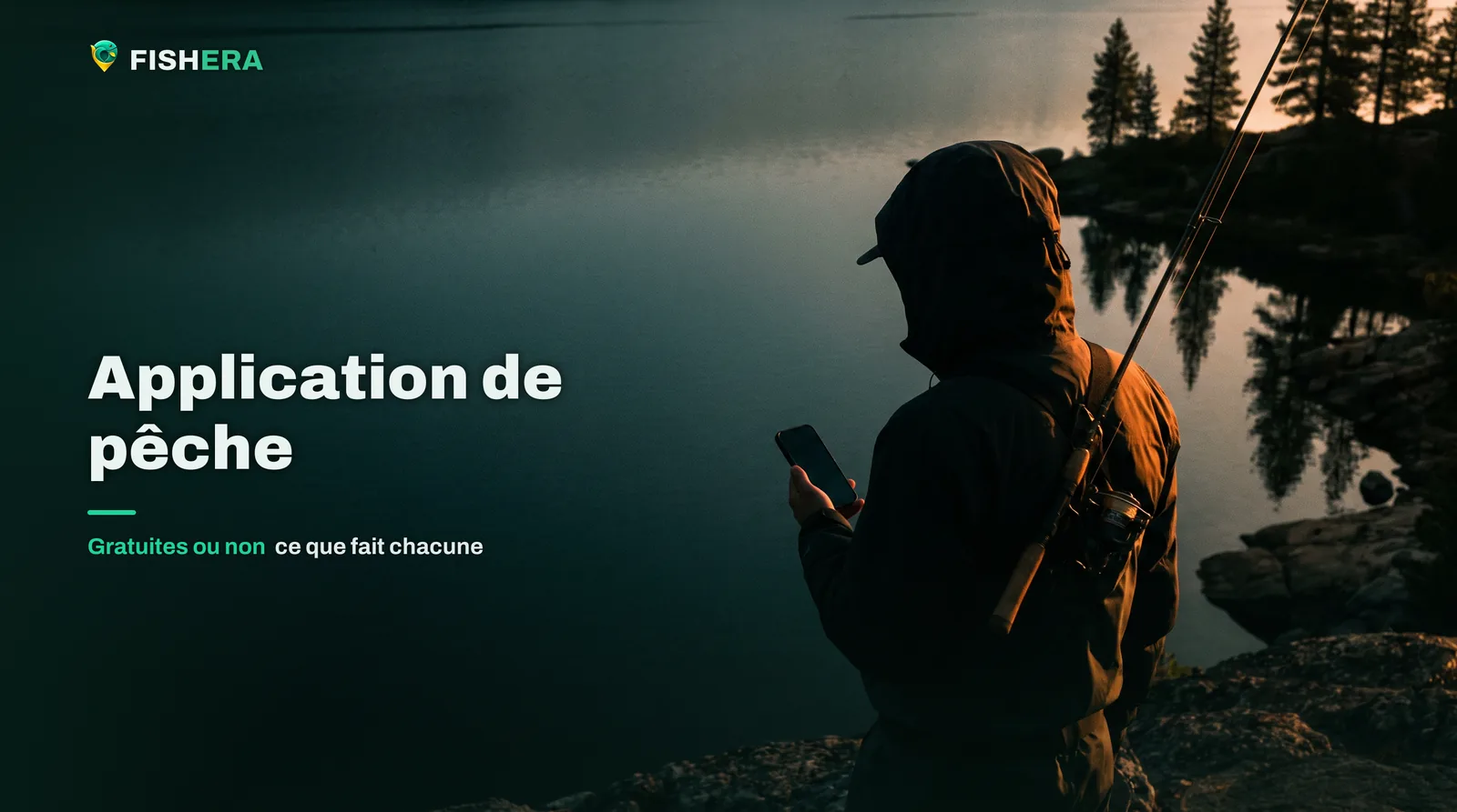 Un pêcheur de dos au bord d'un lac au crépuscule, un téléphone dans la main, la canne sur l'épaule