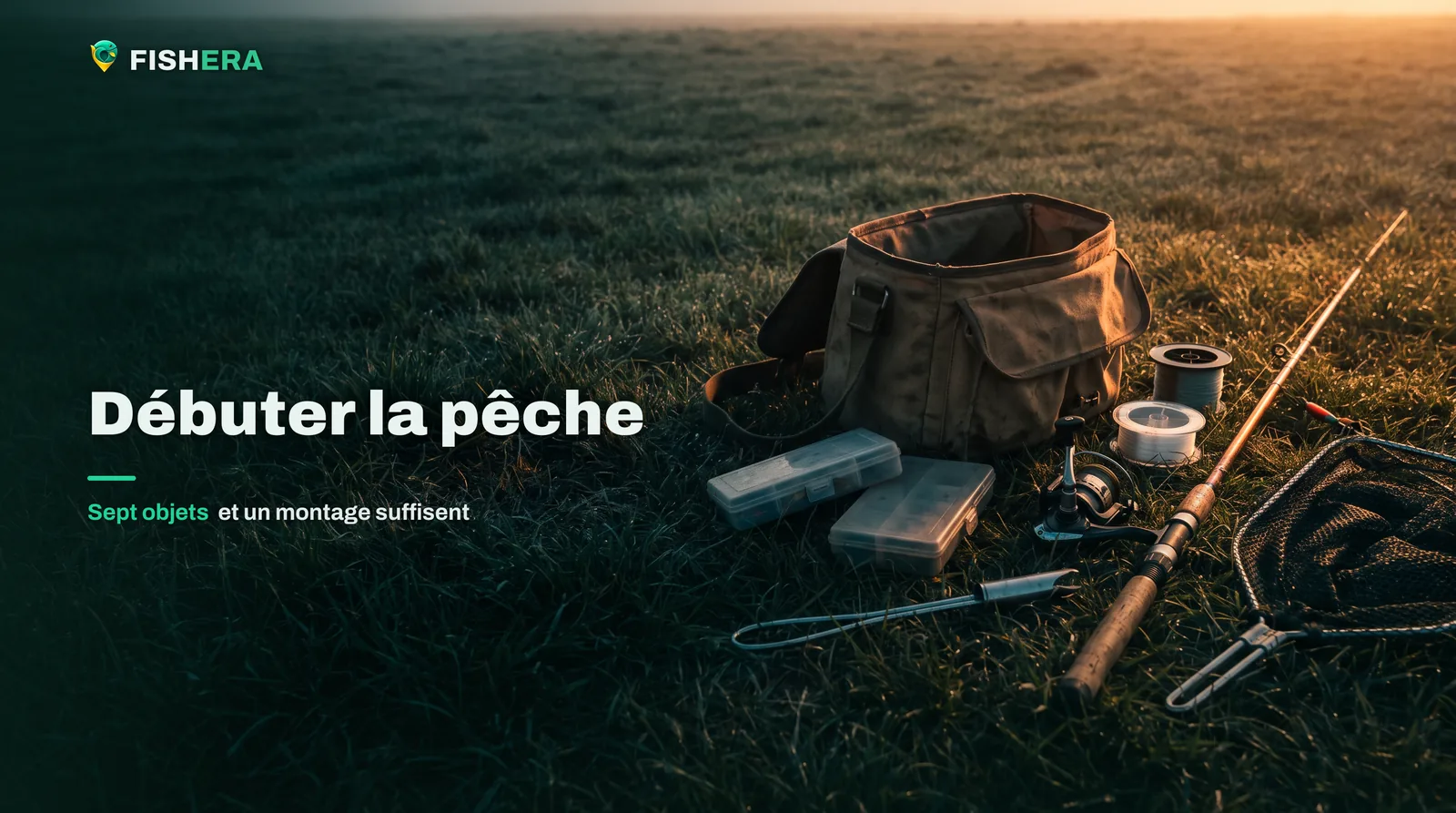 Un sac de pêche ouvert dans l'herbe à l'aube, une canne, un moulinet, deux boîtes, une bobine de fil, un dégorgeoir et une épuisette posés à côté