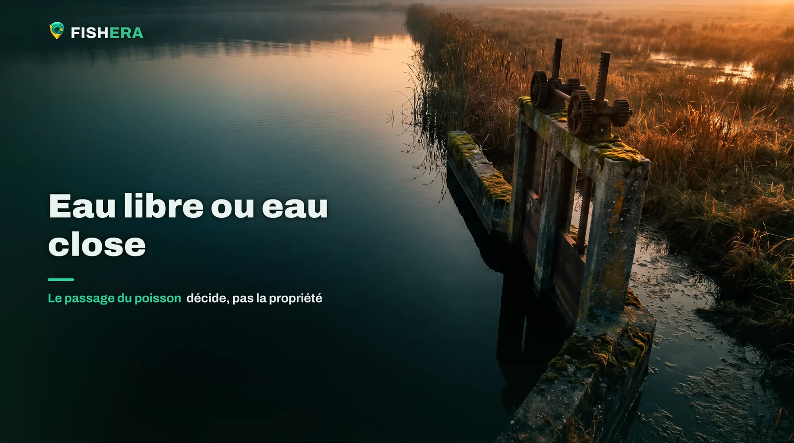 Une vanne de béton et son volant de manœuvre entre un étang calme et un fossé d'évacuation, dans une prairie humide à l'aube