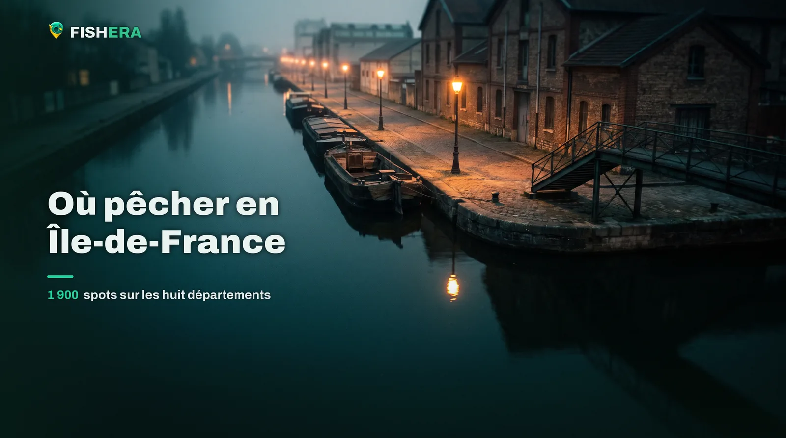 Un canal rectiligne en bordure de ville à l'aube, quai de pierre, entrepôts de briques et passerelle, péniches amarrées sous les réverbères