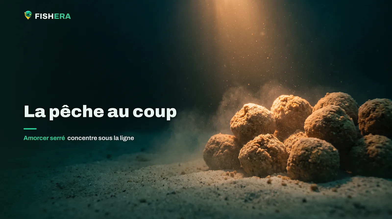 Vue sous l'eau d'un tas serré de boules d'amorce posées sur un fond clair, un nuage de limon s'en échappant sous un rai de lumière