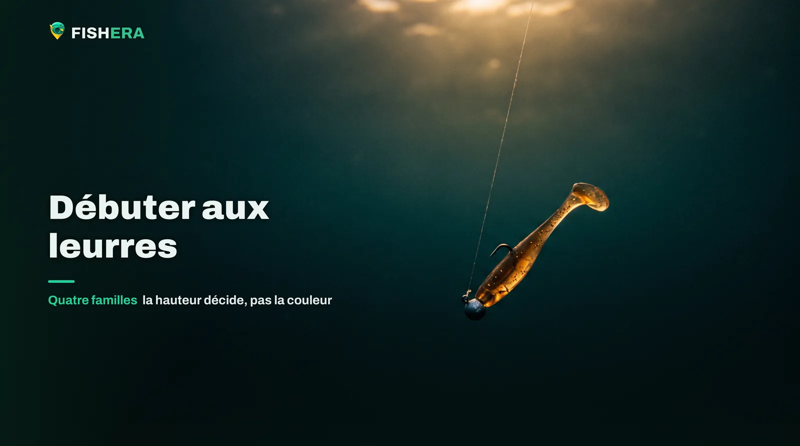 Vue sous l'eau d'un leurre souple monté sur tête plombée qui descend dans une eau sombre, le fil remontant vers la lumière diffuse de la surface