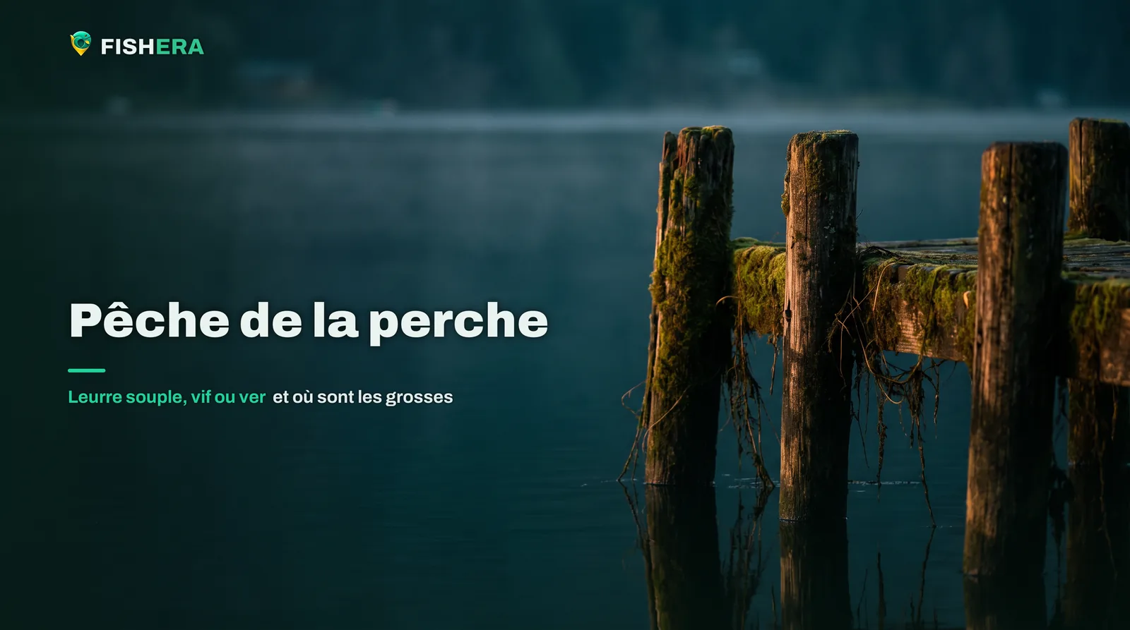 Les vieux pilotis de bois d'un ponton de lac au lever du jour, vus au ras de l'eau, des herbes accrochées aux poteaux