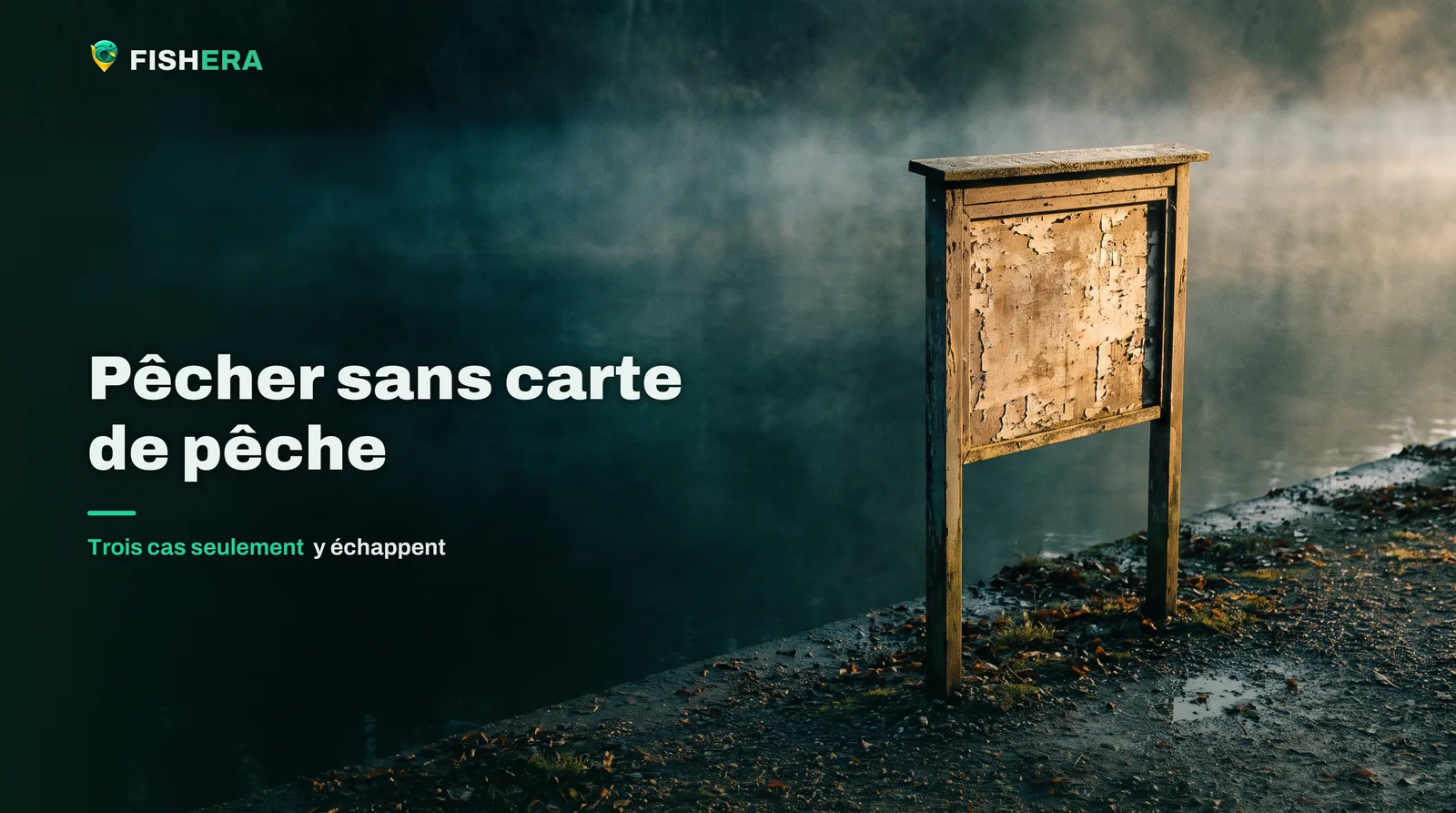 Un panneau réglementaire en bois usé planté au bord de l'eau sur un chemin désert, sa plaque effacée et illisible, dans la brume du matin