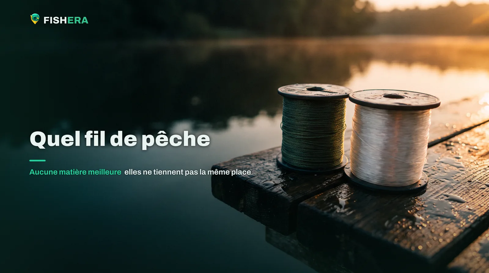 Deux bobines de fil posées côte à côte sur une planche de bois mouillée au bord de l'eau, l'une de tresse fine, l'autre de nylon transparent plus gros