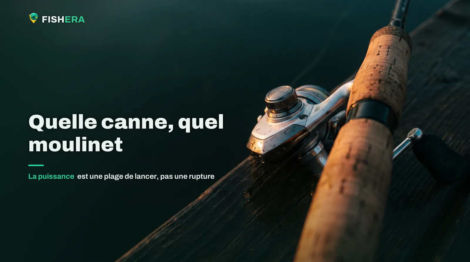 Un moulinet spinning serré dans le porte-moulinet d'une poignée en liège, posé sur une planche mouillée au bord d'une eau sombre