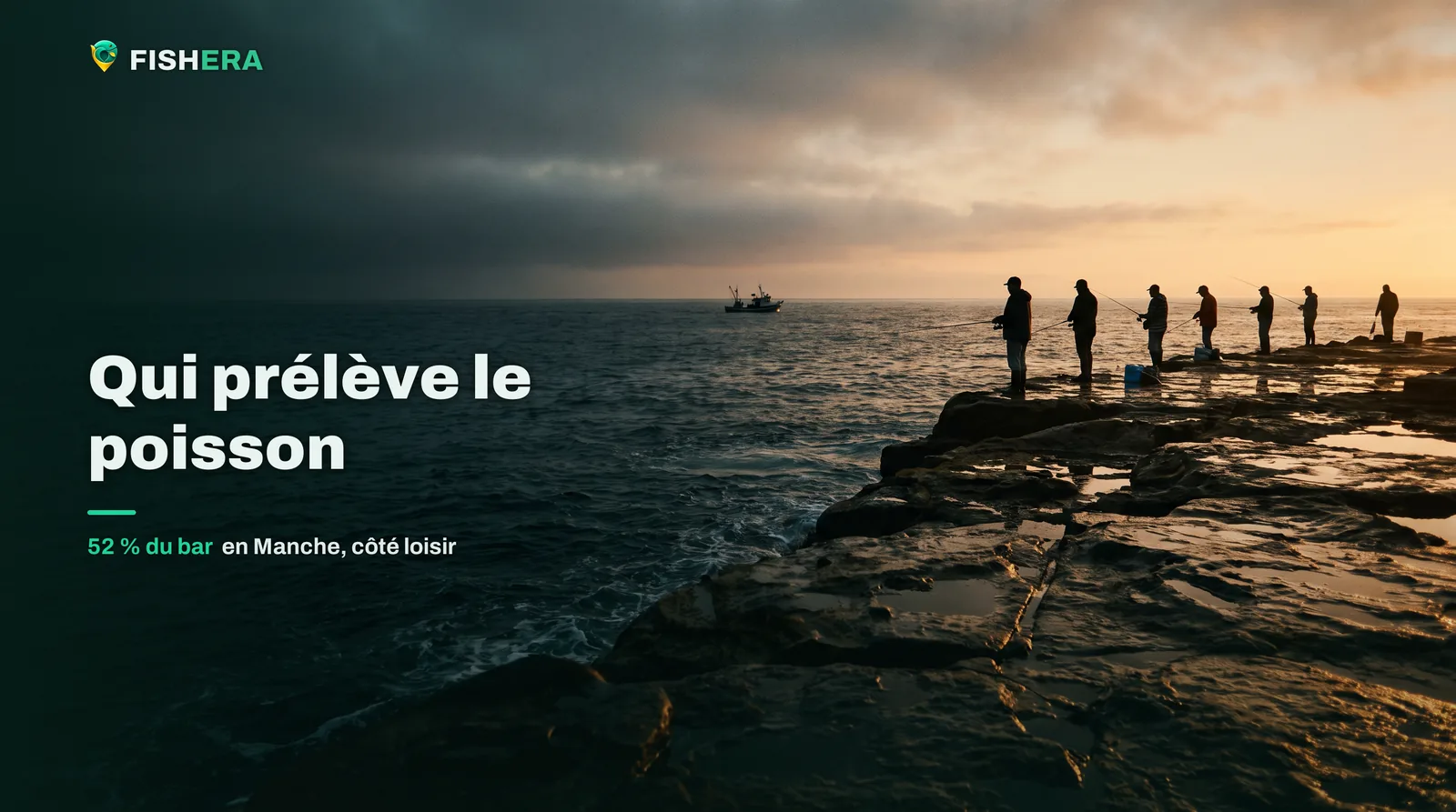 Une file de pêcheurs espacés sur un platier rocheux découvert face au large à l'aube, un bateau au loin sur l'horizon
