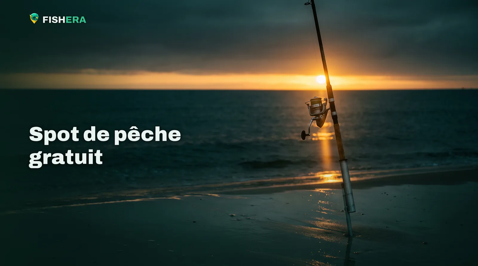 Une canne de surfcasting plantée dans le sable mouillé au bord d'une plage calme à l'aube, la mer sombre occupe le reste de l'image