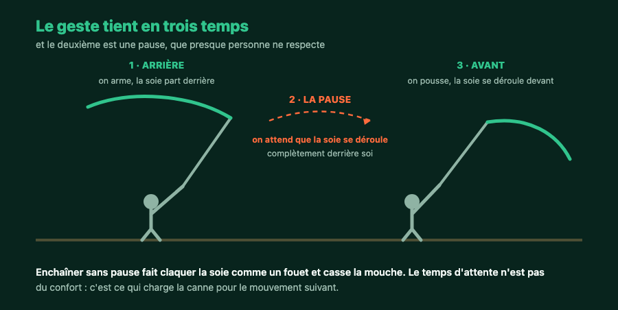 Les trois temps du lancer à la mouche : l'armé vers l'arrière, la pause qui laisse la soie se dérouler, et la poussée vers l'avant