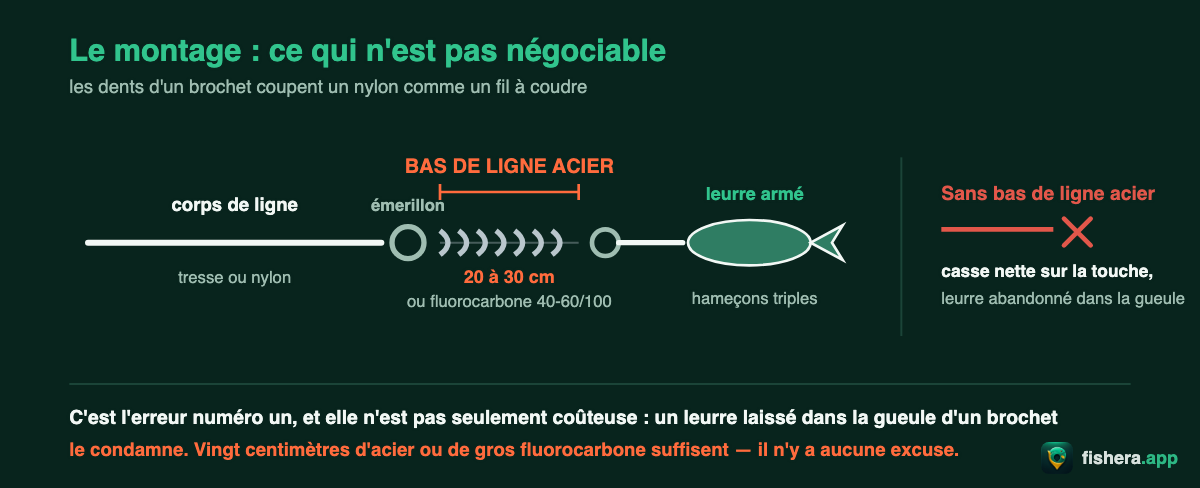 Schéma d'un montage à brochet : corps de ligne, émerillon, bas de ligne acier d'une vingtaine de centimètres, leurre armé, et la casse nette qui attend sans bas de ligne