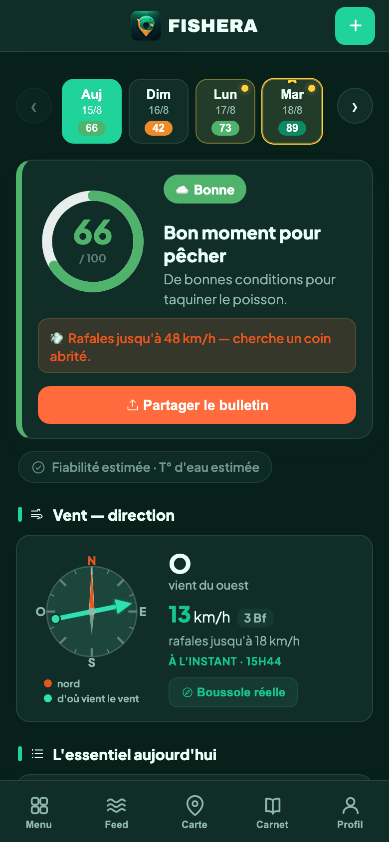 L'écran météo de Fishera : la note du jour sur 100, « Bon moment pour pêcher », l'alerte rafales et les jours suivants