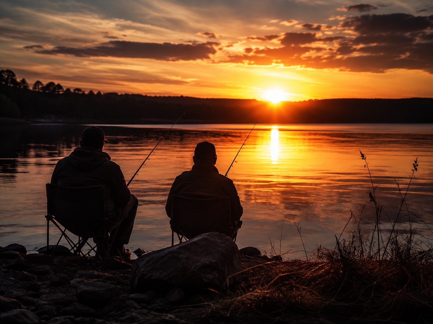 Deux pêcheurs partageant un moment au bord de l'eau au coucher du soleil